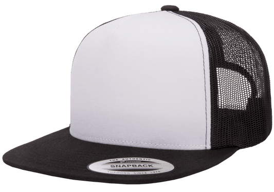 Yupoong 6006W Premium Trucker Snapback Hat, Flat Bill Cap with Mesh Back, White Front - YP Classics®