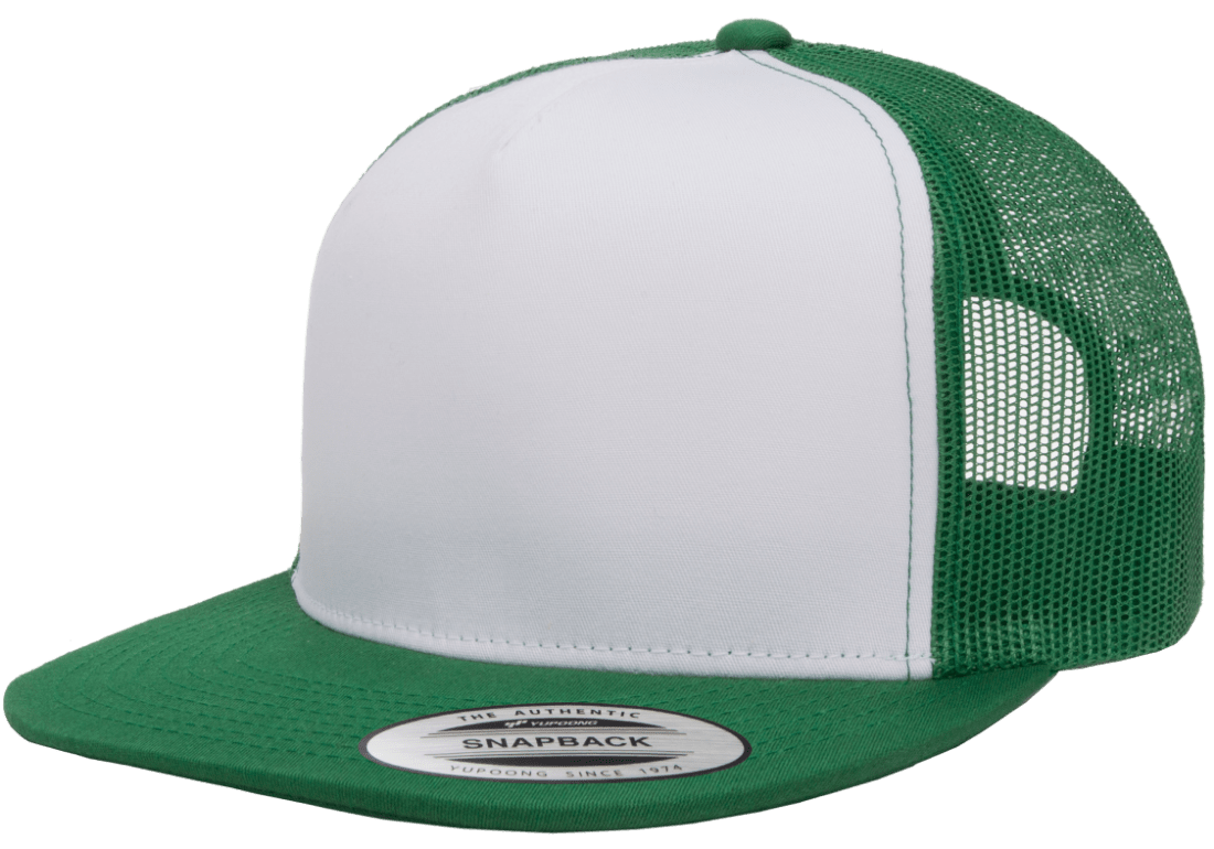 Yupoong 6006W Premium Trucker Snapback Hat, Flat Bill Cap with Mesh Back, White Front - YP Classics®