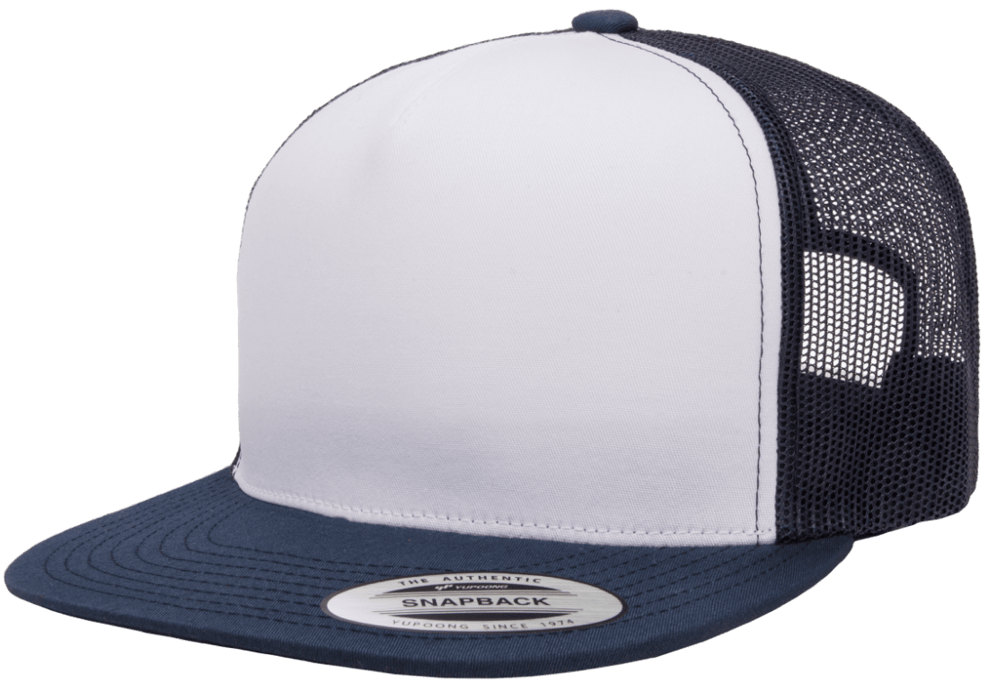 Yupoong 6006W Premium Trucker Snapback Hat, Flat Bill Cap with Mesh Back, White Front - YP Classics®