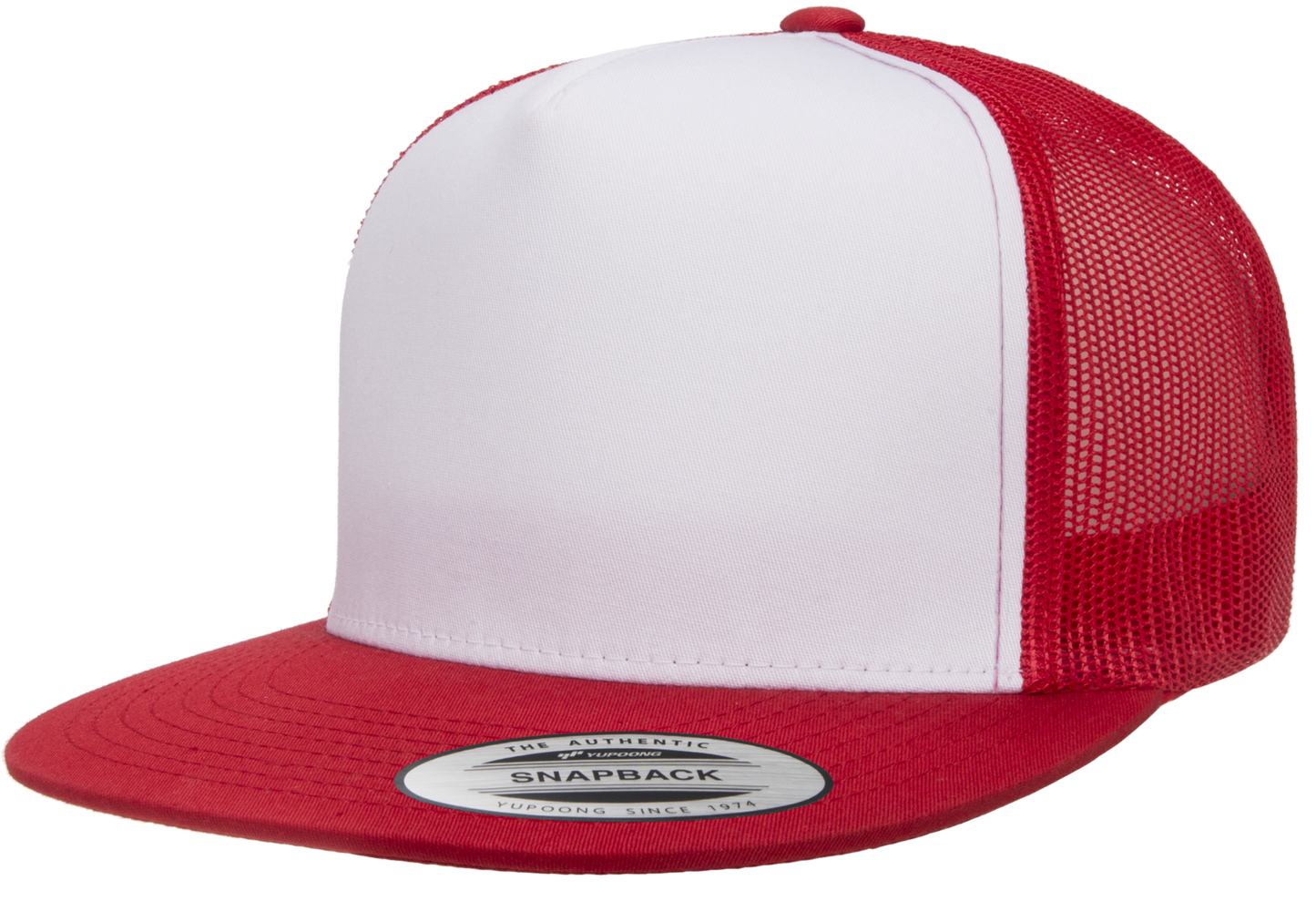 Yupoong 6006W Premium Trucker Snapback Hat, Flat Bill Cap with Mesh Back, White Front - YP Classics®