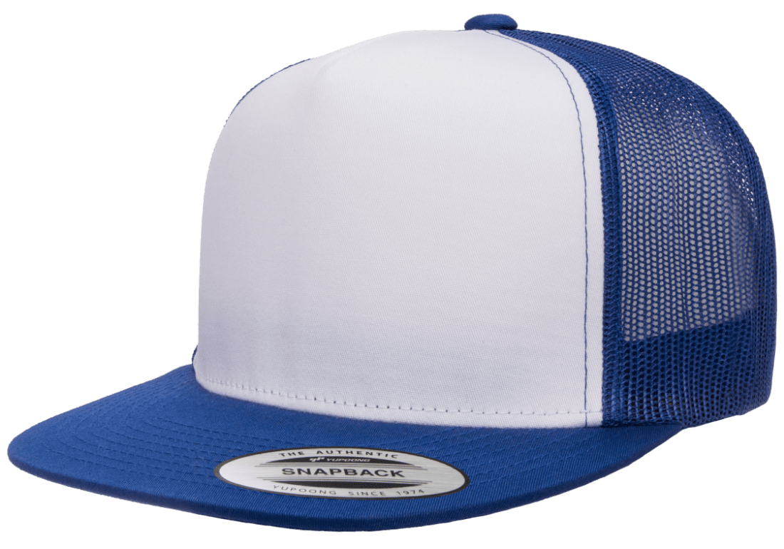 Yupoong 6006W Premium Trucker Snapback Hat, Flat Bill Cap with Mesh Back, White Front - YP Classics®